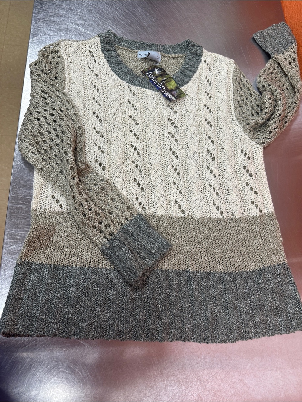NWT Wind River Colorblock Mixed Knit Sweater Womens XS Neutral Pointelle